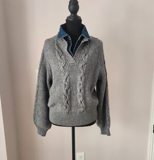 NWT COMMENSE Denim Collar Layered Sweater Grey Knit Sweater Small-oversized fit